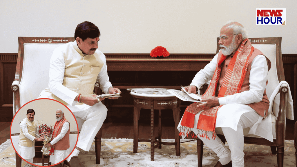 CM Dr. Mohan Yadav presenting a bouquet to PM Narendra Modi in Delhi Parliament House