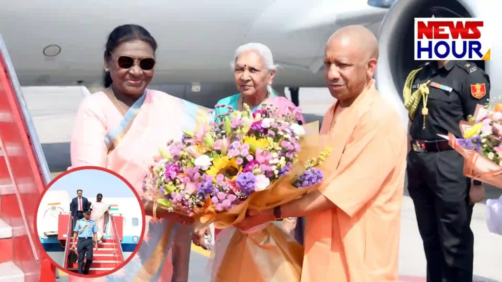 CM Yogi and Governor Anandiben welcoming President Droupadi Murmu at Ayodhya Airport