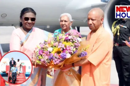 CM Yogi and Governor Anandiben welcoming President Droupadi Murmu at Ayodhya Airport