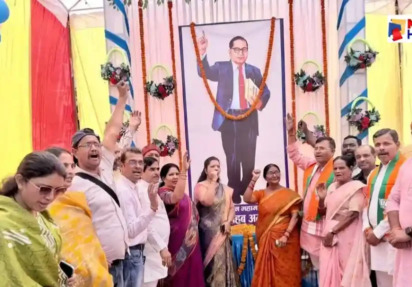 BJP Jaunpur District President Ajit Prajapati and leaders celebrating Ambedkar Jayanti